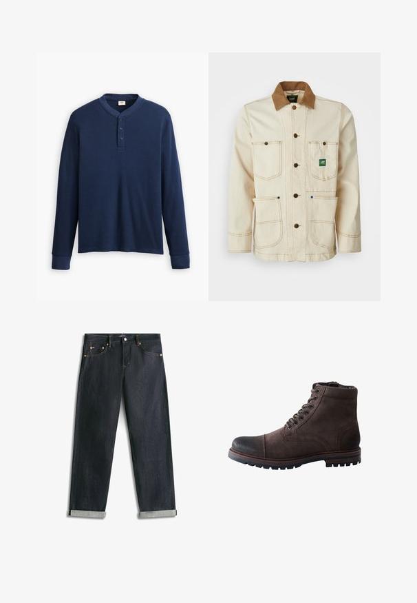Beige jasje van katoen met een bruine ribfluwelen kraag. Heeft vijf zakken, bruine knopen en contrasterende stiksels voor extra detail.; Langdraagbare marineblauwe henley shirt van ribstof. Heeft een ronde halslijn en een knoopsluiting met drie knopen. De mouwen zijn aangesloten.; Donkerblauwe spijkerbroek met omgeslagen boorden, vijf zakken en contrasterende stiksels, plat uitgespreid op een witte achtergrond.; Donkerbruine suède veterlaars tot aan de enkel met verstevigde zwarte neuskap en robuuste rubberen zool.
