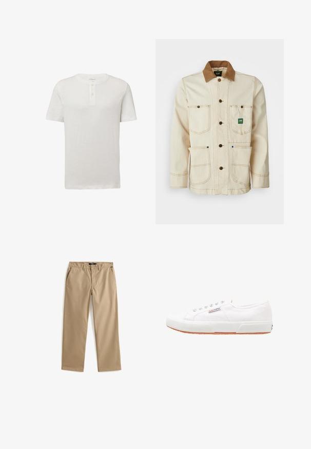 Beige jasje van katoen met een bruine ribfluwelen kraag. Heeft vijf zakken, bruine knopen en contrasterende stiksels voor extra detail.; Witte T-shirt met korte mouwen en ronde hals, met een twee-knops sluiting en subtiele textuur. Voorzien van een klein logo op de borst.; Beige recht gesneden chino's van lichtgewicht katoen. Voorzien van twee voorzakken en een knoopsluiting. Gladde textuur, minimale details.; Witte canvas sneakers met een rubberen zool, vetersluiting en een klein logolabel aan de zijkant. Gewreven wit bovenwerk en een bruine zool.
