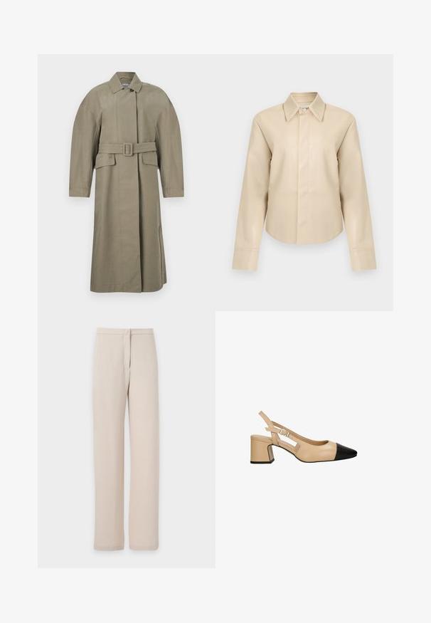 Lange beige trenchcoat met brede kraag, tailleceintuur, twee klepzakken aan de voorkant en lange mouwen, weergegeven op een witte achtergrond.; Beige nepleren shirt met lange mouwen, puntkraag en verborgen knoopsluiting aan de voorkant.; Beige rechte broek met hoge taille, knoopsluiting en subtiele voornaaddetails op een effen achtergrond.; Beige slingback hak met een zwarte lakleder teenkap, vierkante blokhak en een verstelbare band met gesp. Gladde textuur overal.