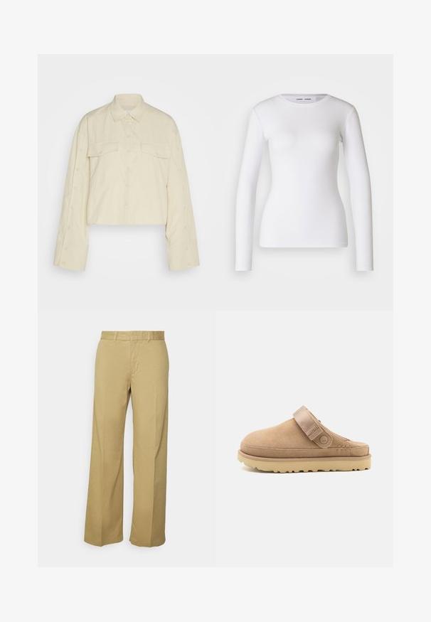 Camisa recortada de color crema en tejido ligero. Presenta un cuello de punta, dos bolsillos en el pecho y detalles de botones en los bordes de las mangas.; Camisa blanca de manga larga hecha de tela acanalada, con un cuello redondo y una forma ajustada. No presenta patrones ni detalles.; Pantalones anchos de color caqui, confeccionados con una mezcla ligera de algodón, que cuentan con una cremallera y presillas para cinturón. Textura suave con un acabado limpio.; Zueco de ante en beige con parte superior texturizada, correa ajustable y una suela de goma robusta con un patrón de tacos para un mejor agarre.
