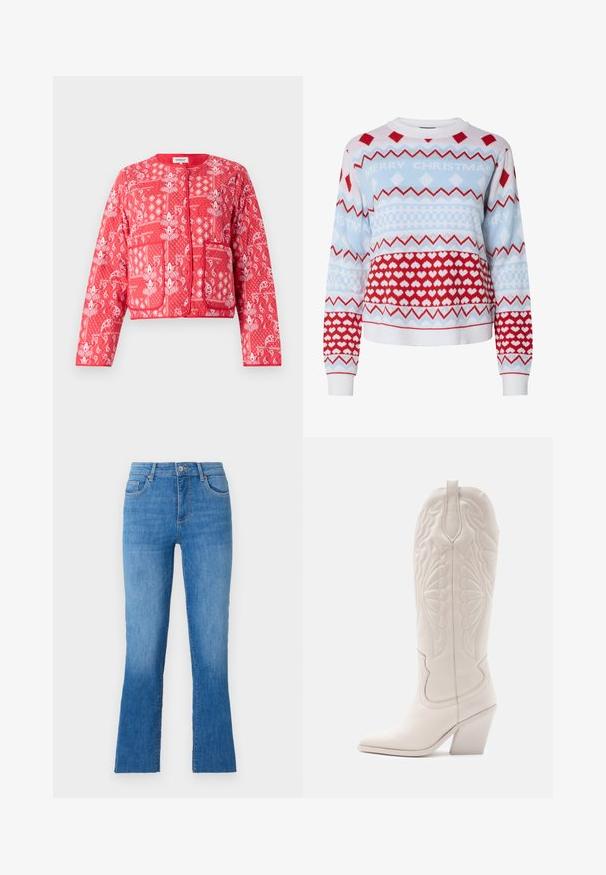 Veste matelassée rouge avec des motifs paisley et floraux blancs. Elle a un col rond, deux poches avant et une fermeture éclair.; Pull en tricot de Noël en bleu clair, rouge et blanc avec des motifs en zigzag, en damier et des cœurs ; présente le texte « MERRY CHRISTMAS ». ; Jeans en denim bleu avec une jambe évasée, dotés d'une taille mi-haute, de cinq poches et d'une fermeture à bouton argent classique. Texture lisse.; Bottine de cowboy en cuir blanc avec un bout pointu et un talon bloc. Présente des motifs de broderie complexes sur la tige et une texture lisse.