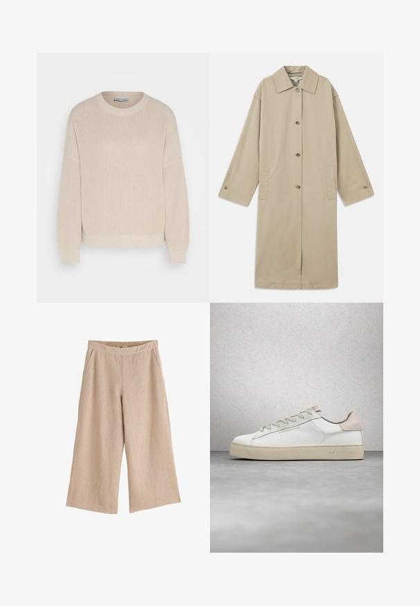 Beige knelange frakke lavet af bomuldsblanding med spids krave, knaplukning foran, lange ærmer og sidelommer.; Anna Field by Zalando Striktrøje - grey; Beige vide bukser med elastisk taljebånd og sidelommer, lavet af letvægtsstof.; Hvide lædersneakers med en glat overflade, beige ruskindsdetaljer, rund tå, flad snørebåndsdesign og en struktureret gummisål.