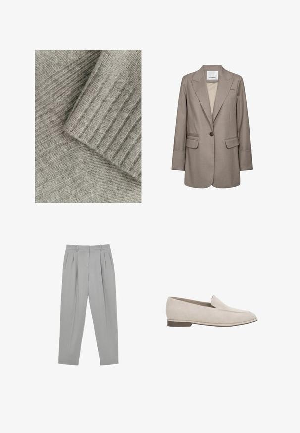 Beige getailleerde blazer met een inkeping aan de revers, een enkele knoopsluiting, twee voorzakken en gestructureerde schouders. Gladde stof met een zachte textuur.; Zacht grijs gebreid stof met ribbelstructuur, met gelaagde secties, één glad en één met een diagonaal patroon.; Lichtgrijze formele broek met voorplooien, zijzakken, riemlussen en taps toelopende pijp.; Beige suède instapper loafer met lage hak, puntige neus en minimale stiksel details aan de bovenzijde.