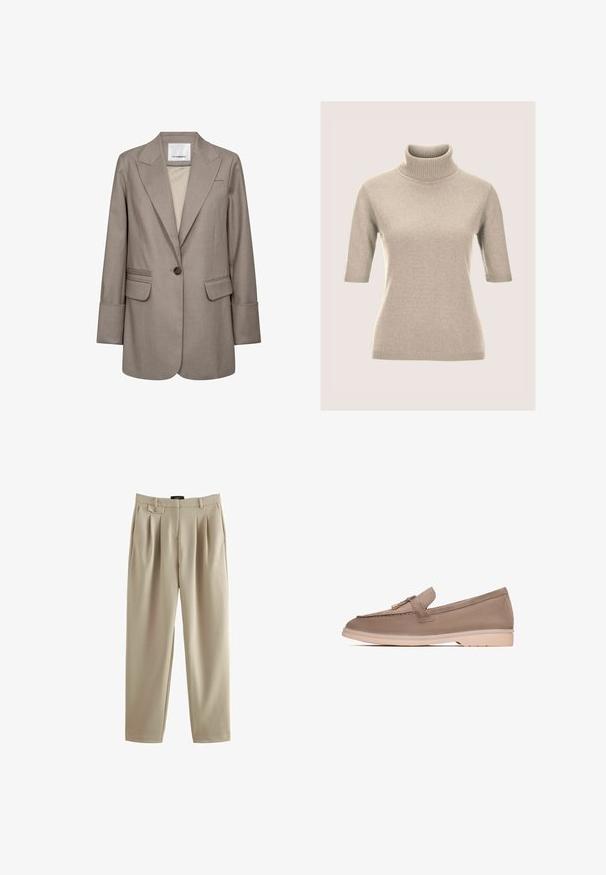 Blazer beige ajusté avec un col cranté, une fermeture à un bouton, deux poches avant et des épaules structurées. Tissu lisse avec une texture douce.; Pull en tricot beige à manches courtes avec col roulé, col côtelé, poignets et ourlet, présenté sur un fond neutre.; Pantalons plissés beiges à coupe décontractée, dotés d'une fermeture à bouton et de passants de ceinture, fabriqués dans un tissu lisse avec une texture douce.; Mocassins en cuir brun avec une texture lisse, dotés d'une bande décorative et d'un matériel en or, reposant sur une semelle en caoutchouc beige clair.
