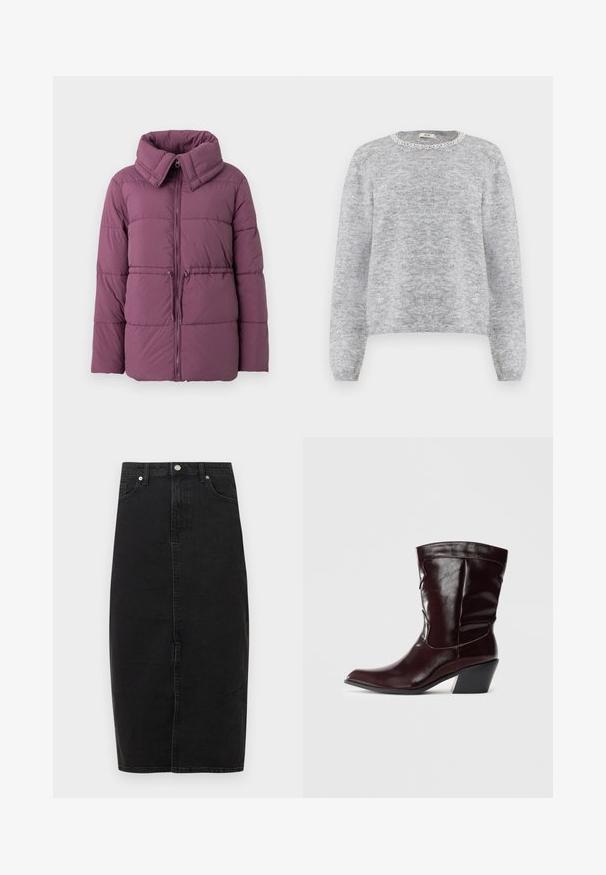 Veste rembourrée en violet muted, avec un col haut, une fermeture éclair et un motif matelassé horizontal, dotée d'un cordon de serrage réglable à l'ourlet.; Pull en laine gris tricoté avec un col rond orné d'une finition en dentelle blanche. Manches longues, texture douce et coupe décontractée.; Jupe en denim noir à taille haute, longueur au genou, couture frontale et conception classique à cinq poches. Dotée d'un bouton métallique et d'une texture subtile.; Bottines en cuir bourgogne avec un bout pointu, une surface texturée et un petit talon effilé. Présente une couture discrète et un ajustement confortable.