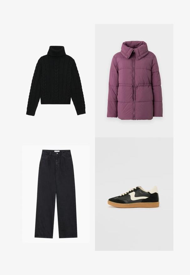 Veste rembourrée en violet muted, avec un col haut, une fermeture éclair et un motif matelassé horizontal, dotée d'un cordon de serrage réglable à l'ourlet.; Pull en maille noire à col roulé avec un ourlet côtelé et un motif en tricot torsadé, doté de manches longues et d'un col structuré.; Jeans en denim noirs taille haute à jambes larges avec fermeture à bouton et zip à l'avant, passants de ceinture et style à cinq poches.; Baskets en daim et cuir noir avec un swoosh latéral crème et un talon crème clair. Dotées de lacets beige et d'une semelle en caoutchouc gomme.