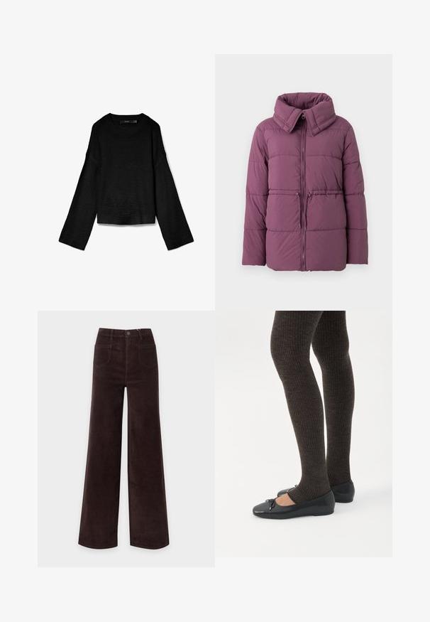 Veste rembourrée en violet muted, avec un col haut, une fermeture éclair et un motif matelassé horizontal, dotée d'un cordon de serrage réglable à l'ourlet.; Pull en tricot noir avec un col rond, des manches longues et un design court. Tissu texturé avec des poignets et un ourlet côtelés.; Pantalon large en velours côtelé marron foncé avec poches avant, passants pour ceinture et fermeture par bouton à la taille.; Jambes portant des leggings côtelés foncés associés à des ballerines noires avec de petits détails en nœud sur fond blanc.