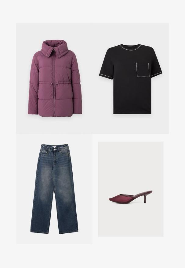 Puffjacke in gedämpftem Lila, mit hohem Kragen, Reißverschluss und horizontalem Steppmuster sowie einem verstellbaren Kordelzug am Saum.; Schwarzes T-Shirt mit kurzen Ärmeln und weißer Kontrastnaht am Kragen, an den Ärmelenden und auf einer Vorderseite-Tasche auf der linken Brustseite.; Herrenhohe-taillierte blaue Jeans aus Denim mit weitem Bein, vorderem Knopf und Reißverschluss sowie Vorder- und Gesäßtaschen.; Bordeauxfarbener spitzer Mule mit niedrigem Stilettoabsatz und einem obermaterial mit mesh-ähnlicher Textur, im Profil vor weißem Hintergrund gezeigt.