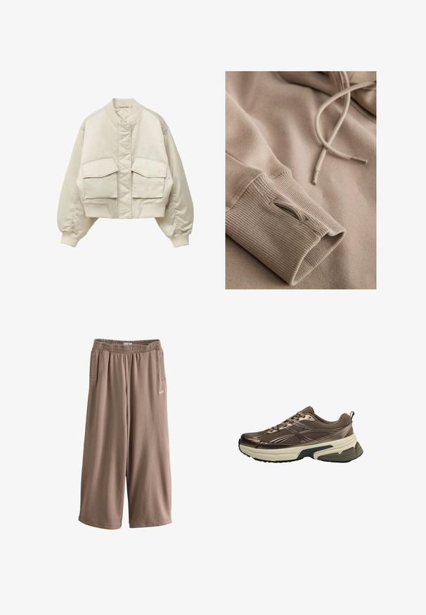 Beige cropped bomberjakke med quiltet frontpanel, ribbet krave og manchetter samt to store klaplommer foran.; Beige hættegymnastiktrøje med ribbede manchetter og en tekstureret overflade. Snoretræk ved halsen og et blødt, glat stof. Subtile syninger.; Taupe vidde, cropped sweatpants med elastisk talje, sidelommer og lille hvid "self." logo på venstre lår.; Brun mesh sportssko med beige tyk sål og sort slidbane, detaljerede sidestreger og snørebånd, vist fra ydersiden.
