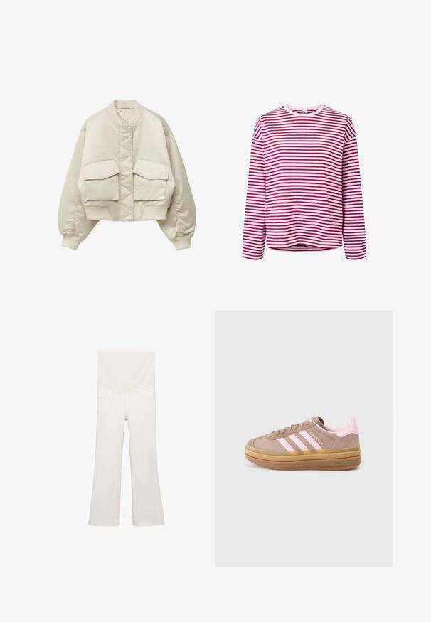 Beige cropped bomberjack met gewatteerd voorpaneel, geribbelde kraag en manchetten, en twee grote klepzakken aan de voorkant.; Langarmig overhemd met witte en donkerroze horizontale strepen en een ronde hals, getoond zonder persoon.; Witte uitlopende jeans van de achterkant, met een gladde textuur, twee achterzakken en subtiele stiksels langs de naden.; Lichtbruin suède sneakers met roze strepen en accenten, rubberen zool, ronde neus en een getextureerde tong. Bevat 'Gazelle' branding.