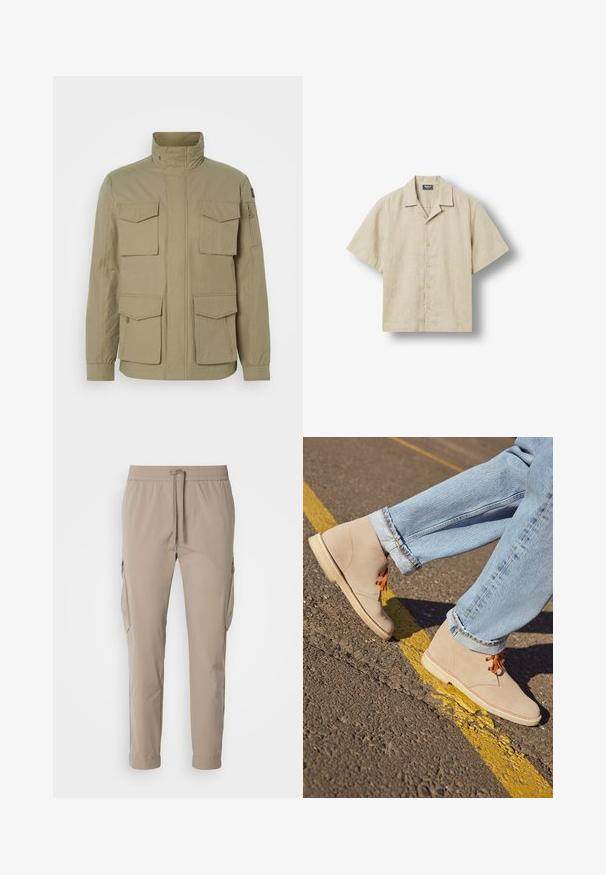 Beige jas met een hoge kraag, vier voorzakken, een ritszak op de mouw en een licht gestructureerde stof.; Beige overhemd met korte mouwen en knoopsluiting, campkraag, vijf knopen aan de voorkant en merklabel aan de binnenkant van de kraag.; Beige cargo broek met een elastische tailleband en trekkoord. Voorzien van zijzakken en een taps toelopend ontwerp, gemaakt van lichte stof.; Beige suède enkellaarsjes met oranje veters, ronde neus en een lichte rubberen zool, gecombineerd met opgerolde lichtblauwe denim jeans.