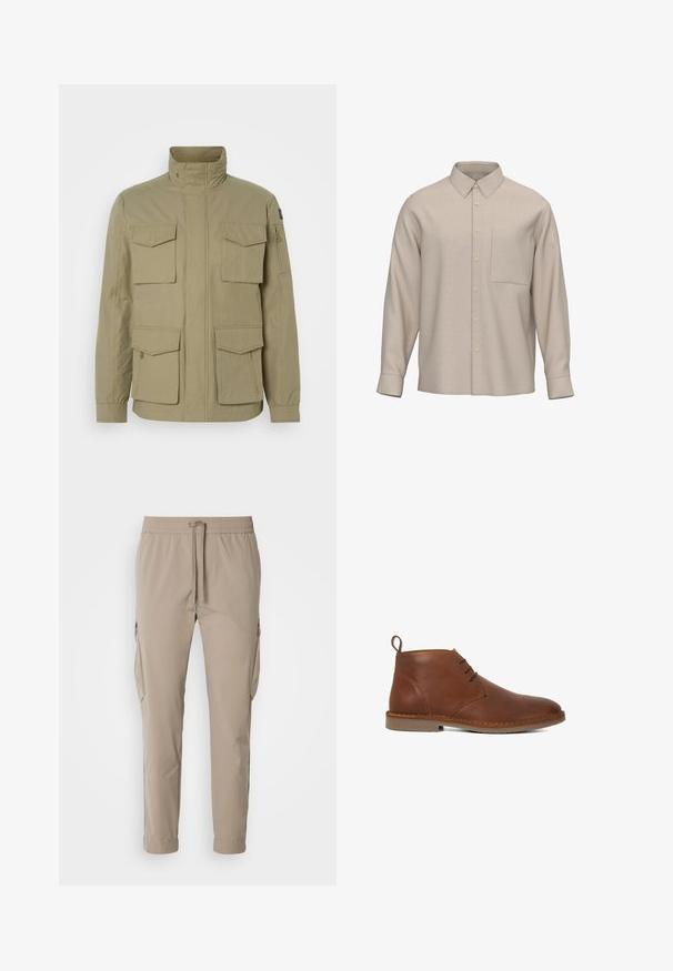 Chaqueta beige con un cuello alto, cuatro bolsillos delanteros, un bolsillo con cremallera en la manga y una tela ligeramente texturizada.; Camisa beige de manga larga con botones, cuello puntiagudo y un bolsillo en el pecho, mostrada sobre fondo blanco.; Pantalones cargo beige con cintura elástica y cordón. Presenta bolsillos laterales y un diseño de pierna ajustada, fabricados en tela ligera.; Botines de cuero marrón con textura suave, punta redondeada, dos ojales para los cordones y una pequeña lengüeta en la parte trasera.