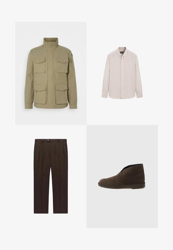 Beige jas met een hoge kraag, vier voorzakken, een ritszak op de mouw en een licht gestructureerde stof.; Licht beige blouse met lange mouwen en knopen, klassieke kraag en subtiele structuur, weergegeven tegen een witte achtergrond.; Bruine op maat gemaakte broek van lichtgewicht stof met een rechte pijp, met een frontknopen sluiting en twee zijzakken.; Bruine suède enkellaars met twee veteroogjes, lage hak en gestikte zool op een effen lichtgrijze achtergrond.