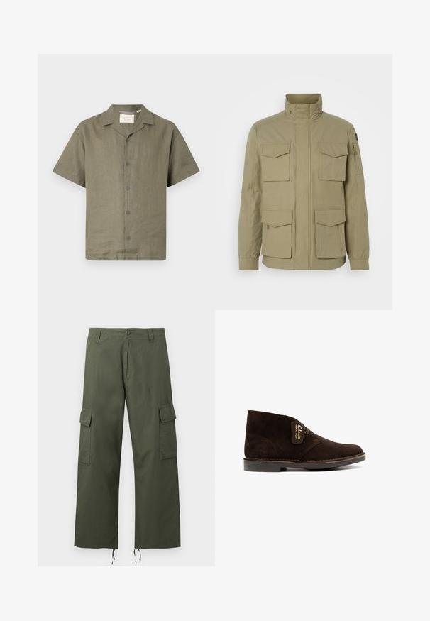 Beige jakke med høj krave, fire frontlommer, en lynlåslomme på ærmet og et let textured stof.; Kortærmet skjorte i olivengrøn hør med en camp-krave og seks matchende knapper foran, der har en afslappet pasform og struktureret stof.; Olivengrønne cargobukser med sidelommer med klap, knaplukning, bæltestropper og justerbare snore i de brede bukseben.; Brun ruskindsankelstøvle med rundet tå, sikret med snørebånd. Har en mærketag og en flad gummisål med diskrete syningsdetaljer.