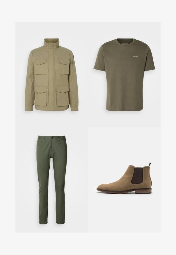 Beige jakke med høj krave, fire frontlommer, en lynlåslomme på ærmet og et let textured stof.; Oliven grøn bomulds t-shirt med korte ærmer, rund hals og lille hvidt logo på brystet. Glat tekstur og afslappet pasform.; Olivenfarvede bukser lavet af bomuldsblanding, med klassisk lige pasform, fem lommer og metalknaplukning. Glat tekstur.; Pier One Støvletter - beige