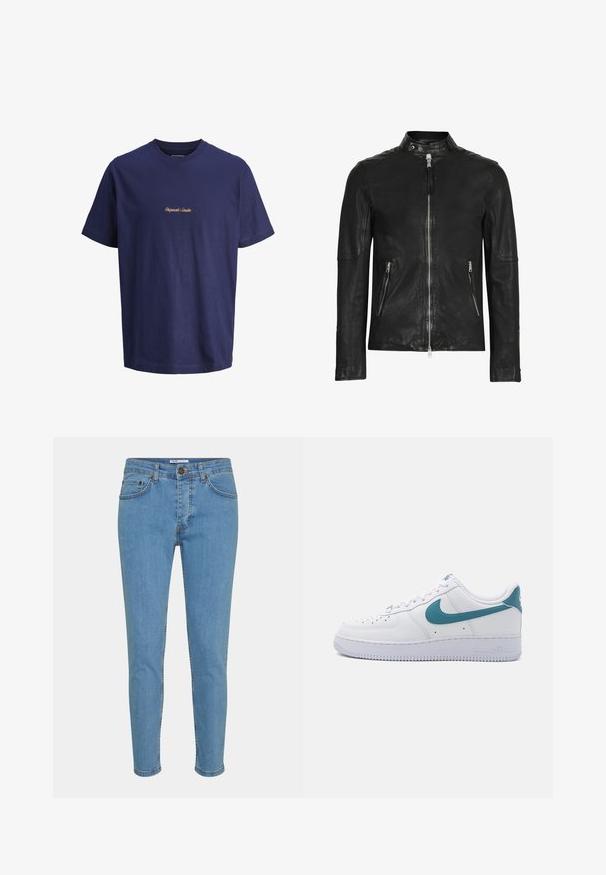 Sort læderjakke med høj krave, frontlynlås og to lynlåslommer, der har en glat tekstur og tætsiddende design.; Marineblå bomulds t-shirt med rund hals og korte ærmer; "Originals Studio" broderet med kontrastfarvet tan tråd på brystet.; Lys blå denimjeans med slim fit, mellemhøj talje, fem lomme-design og synlige sømme langs sømme og kant.; Nike Sportswear AIR FORCE ESSENTIAL - Sneakers - white/smokey blue