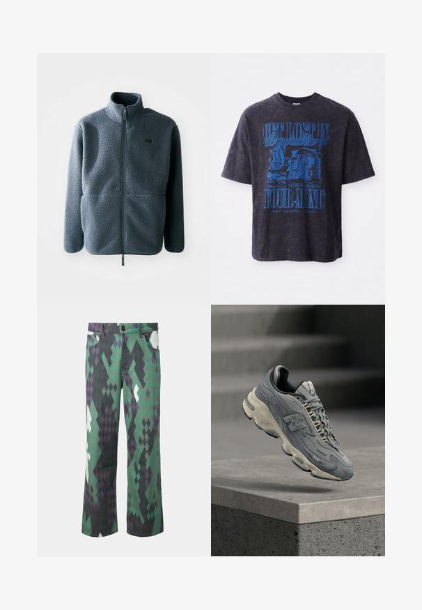 Veste en polaire grise avec un col montant, une fermeture éclair à l'avant et deux poches latérales. Présente un tissu texturé et un petit logo sur la poitrine.; T-shirt noir oversize avec un imprimé graphique bleu comportant du texte et des images, fabriqué en coton avec une texture lavée et un col rond.; Pantalon droit avec un motif géométrique en forme de losange vert, noir, violet et blanc, avec poches avant et fermeture par boutons.; Baskets New Balance 1000 grises avec semelle, lacets et logo couleur crème, flottant au-dessus d'un rebord en béton avec des escaliers flous en arrière-plan.