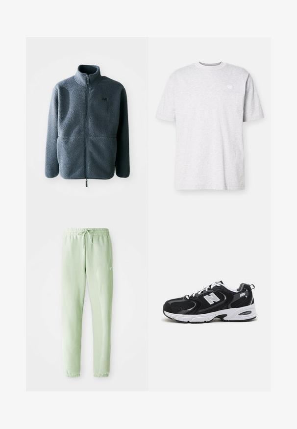 Chaqueta de forro polar gris con un cuello alto, cremallera frontal y dos bolsillos laterales. Presenta una tela texturizada y un pequeño logo en el pecho.; Camiseta de algodón gris claro con mangas cortas, cuello redondo y un pequeño logo blanco en el lado izquierdo del pecho. Textura suave, corte casual.; Pantalones de chándal verde claro, hechos de algodón suave, con cintura elástica y cordón, piernas ajustadas y puños gather.; Zapatillas deportivas en negro y gris con parte superior de malla y ante, que cuentan con una entresuela blanca, cordones y un llamativo logo "N" en el lateral.