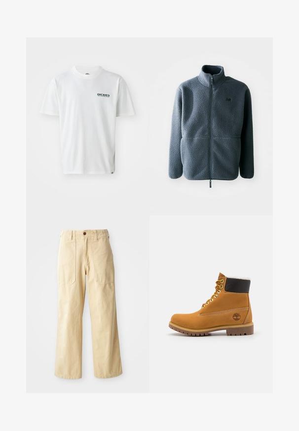Grå fleecejakke med høj krave, frontzipper og to sidelommer. Har en tekstureret stof og et lille logo på brystet.; Hvid bomulds T-shirt med korte ærmer, prydet med et grønt "DICKIES ON THE ROAD AGAIN" logo på venstre bryst. Standard crew neck design.; Beige brede benbukser lavet af bomuld. De har en høj talje, to forlommer med flad design og en enkelt knaplukning.; Brune læder ankelstøvle med metaløjer, hvid pelsforing, sort polstret krave, robust sål og præget logo på siden.