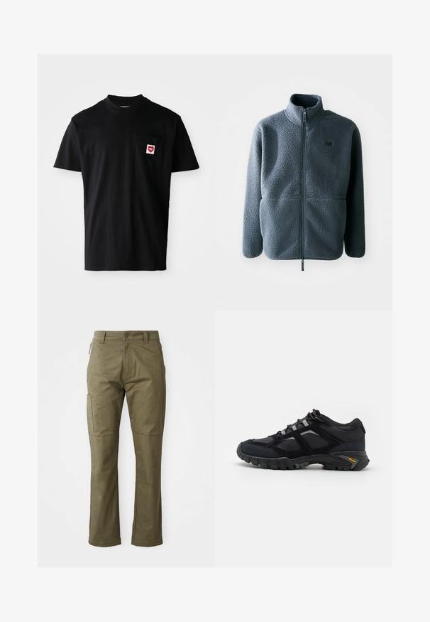 Grijze fleecejas met een hoge kraag, een rits aan de voorkant en twee zijzakken. Voorzien van een getextureerde stof en een klein logo op de borst.; Zwarte katoenen t-shirt met een ronde halslijn, korte mouwen en een linkerkant borstzak met een rode hartpatch met witte tekst.; Khaki cargobroek gemaakt van stevig katoen, met zijzakken, rechte pijpen en een rits met knoopsluiting.; Zwarte buitenschoen van suede en mesh met een robuuste zool. Voorzien van grijze accenten en Vibram-logo op de zijkant. Vetersluiting.