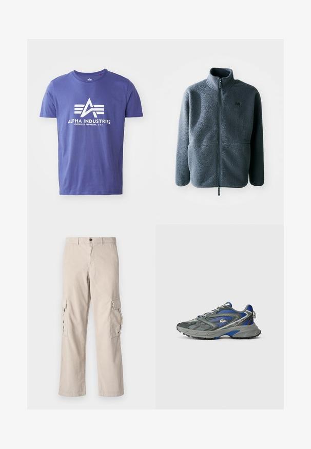 Veste en polaire grise avec un col montant, une fermeture éclair à l'avant et deux poches latérales. Présente un tissu texturé et un petit logo sur la poitrine.; T-shirt en coton violet à manches courtes, comportant un logo blanc incluant "ALPHA INDUSTRIES" et un design géométrique.; Pantalons cargo en velours côtelé beige avec deux poches latérales, une fermeture par bouton et une coupe évasée ; présente une texture à côtes verticales.; Baskets de sport grises et bleues avec une semelle texturée, fermeture à lacets et petit logo de crocodile sur le côté, isolées sur fond blanc.