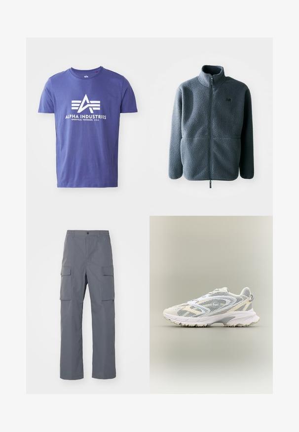Grå fleecejakke med høj krave, frontzipper og to sidelommer. Har en tekstureret stof og et lille logo på brystet.; Lilla bomulds T-shirt med korte ærmer, der har et hvidt logo, som inkluderer "ALPHA INDUSTRIES" og et geometrisk design.; Grå cargo-bukser lavet af holdbart stof. Funktioner inkluderer en elastisk talje, to store sidelommer og en lige benudskæring.; Hvid atletiksko med grå mesh-paneler, teksturerede overlejringer, en polstret krave og en gummisål med små grebspidser.