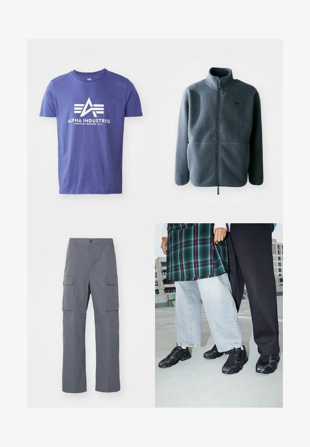 Veste en polaire grise avec un col montant, une fermeture éclair à l'avant et deux poches latérales. Présente un tissu texturé et un petit logo sur la poitrine.; T-shirt en coton violet à manches courtes, comportant un logo blanc incluant "ALPHA INDUSTRIES" et un design géométrique.; Pantalons cargo gris en tissu résistant. Les caractéristiques incluent une taille élastique, deux grandes poches latérales et une coupe droite.; Baskets de sport noires avec des accents en mesh et en caoutchouc. Portées avec un jean large gris clair et un haut à carreaux vert. Fond à surface plane.