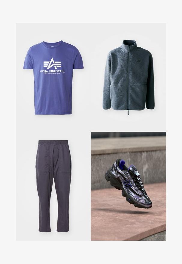 Chaqueta de forro polar gris con un cuello alto, cremallera frontal y dos bolsillos laterales. Presenta una tela texturizada y un pequeño logo en el pecho.; Camiseta de algodón morada de manga corta, que presenta un logo blanco que incluye "ALPHA INDUSTRIES" y un diseño geométrico.; Pantalones ligeros de color gris oscuro con cintura elástica, dos bolsillos frontales, diseño de pierna recta y una textura suave.; Zapatilla New Balance 1000 en negro y morado, en el aire sobre una superficie de hormigón con un fondo desenfocado de muro de piedra.