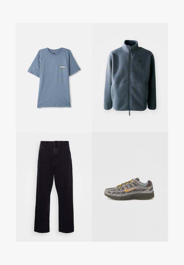 Grijze fleecejas met een hoge kraag, een rits aan de voorkant en twee zijzakken. Voorzien van een getextureerde stof en een klein logo op de borst.; Blauwe katoenen t-shirt met korte mouwen, ronde hals, en een kleine logo-opdruk op de linkerborst. Zachte textuur, ontspannen pasvorm.; Zwarte denim broek met een rechte pijpdesign, voorzien van een knoop- en ritssluiting, riemlussen en minimale stikdetails.; Grijze suède sneaker met gouden accenten, gestructureerde panelen en bijpassende veters. Voorzien van een gevoerde zool en een logodetail aan de zijkant.