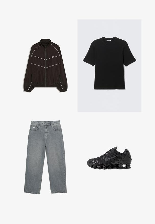 Čierna vetrovka so zapínaním na zips vpredu, vysokým golierom a elastickými manžetami. Má biele diagonálne pruhy a logo na hrudi.; Čierne tričko s krátkym rukávom a okrúhlym výstrihom, s nálepkou „WEEKDAY“ na vnútornej strane goliera, položené na svetlom pozadí.; Svetlosivé rifle z denimu s rovným strihom nohavíc, piatimi vreckami a zapínaním na gombíky. Na prednom páse je jemné označenie značky.; Čierne športové topánky vyrobené zo sieťoviny a syntetických materiálov, s výrazným vlnitým dizajnom, čiernou gumovou podrážkou a reflexnými prvkami.