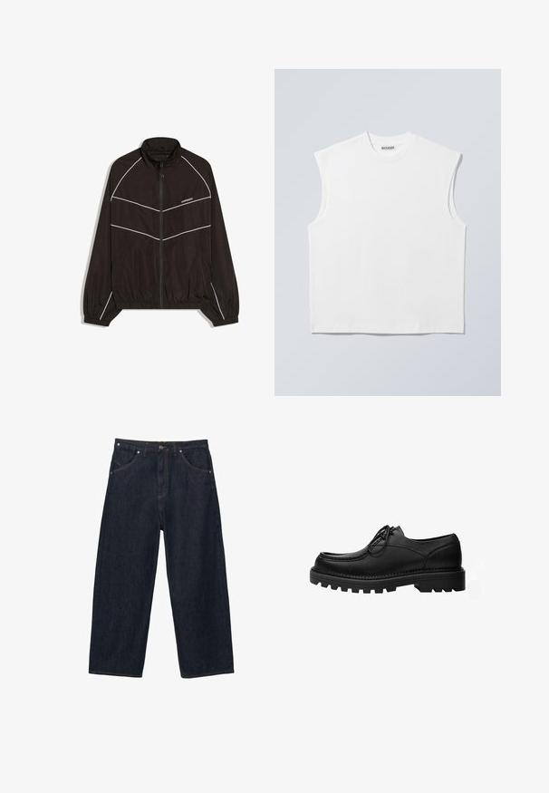 Veste coupe-vent noire avec fermeture éclair frontale, col haut et poignets élastiques. Présente des rayures diagonales blanches et un logo sur la poitrine.; Haut blanc sans manches en coton à col rond avec épaules structurées, marqué "WEEKDAY" sur l'étiquette du col, présenté sur un fond gris clair.; Jean denim bleu foncé à jambes larges, avec cinq poches, fermeture à boutons et surpiqûres orange visibles.; Chaussure noire en cuir à lacets avec une semelle épaisse et robuste et des coutures détaillées sur la tige, conçue pour un usage formel ou décontracté.