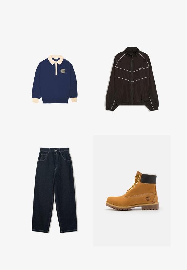 Sort vindjakke med lynlås foran, høj krave og elastiske manchetter. Har hvide diagonale striber og et logo på brystet.; Langærmet navy blå polo shirt med beige krave og manchetter, udstyret med et rundt emblem med tekst på venstre bryst.; Løsvidde, mørke denim jeans med kontrastfarvet hvid syning, fem lommer og knappelukning. Har et højt talje-design.; Brune læder ankelstøvle med metaløjer, hvid pelsforing, sort polstret krave, robust sål og præget logo på siden.