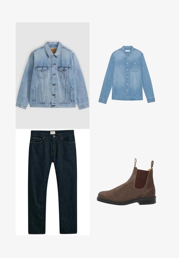 Veste en jean bleu clair avec boutons sur le devant, deux poches poitrine à rabats, poches latérales et petits détails de taches de peinture blanche.; Chemise en denim bleu clair à boutons, manches longues, col pointu, poche poitrine unique et décoloration subtile sur le tissu.; Jeans en denim bleu foncé avec une coupe droite, un design à cinq poches et des coutures contrastées. Texture du tissu lisse.; Bottine en cuir marron à panneaux élastiques sur les côtés, bout rond et semelle en caoutchouc noir. Détails de texture et de couture subtils.