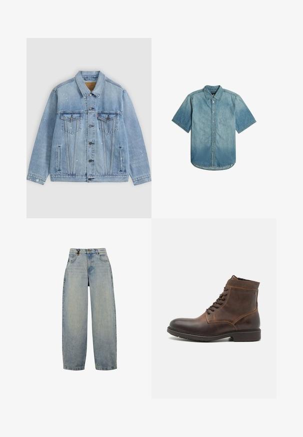 Lichtblauwe spijkerjas met knoopsluiting aan de voorkant, twee borstzakken met kleppen, zijzakken en kleine witte verfspatdetails.; Denim overhemd met korte mouwen en knopen, met kraag en tonale stiksels, met een vervaagde blauwe wassing op mouwen en lichaam.; Lichtblauwe denim jeans met een ontspannen pasvorm, voorzien van een hoge taille, wijde pijpen, een klassiek vijf-pocket ontwerp en metalen hardware accenten.; Jack & Jones JFWDELANEY BOOT - Veterboots - cognac