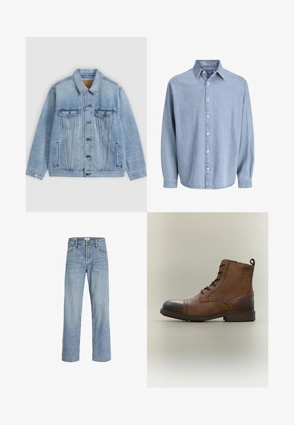 Lyseblå denimjakke med knapper foran, to brystlommer med klapper, sidelommer og små hvide malingstænk detaljer.; Lysblå denim skjorte med lange ærmer og knapper, med krave og hvide knapper, præsenteret mod en helt hvid baggrund.; Lyseblå denimjeans med lige ben, høj talje, fem-lommers design og subtilt slid, med metalknaplukning.; Brun læderstøvle med snørebånd, sort tåhætte, rund sål og mærket detalje på siden mod ensfarvet baggrund.