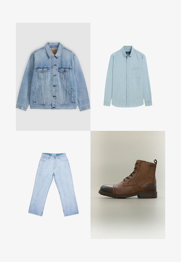 Lichtblauwe spijkerjas met knoopsluiting aan de voorkant, twee borstzakken met kleppen, zijzakken en kleine witte verfspatdetails.; Lichtblauw overhemd met lange mouwen, knoopsluiting, button-down kraag en borstzak, afgebeeld op een eenvoudige witte achtergrond.; Lichtblauwe high-waist jeans met rechte pijpen, voorzakken, riemlussen, knoopsluiting en een gebrand binnenlabel aan de tailleband.; Bruine leren enkellaars met veters, zwarte neuskap, ronde zool en merkdetail aan de zijkant tegen een effen achtergrond.