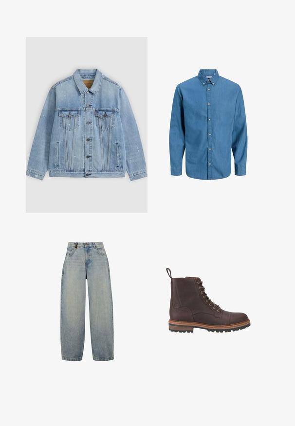 Lichtblauwe spijkerjas met knoopsluiting aan de voorkant, twee borstzakken met kleppen, zijzakken en kleine witte verfspatdetails.; Blauw overhemdbloes gemaakt van denim, met een kraag en lange mouwen. Effen textuur met zichtbare knopen aan de voorkant.; Lichtblauwe denim jeans met een ontspannen pasvorm, voorzien van een hoge taille, wijde pijpen, een klassiek vijf-pocket ontwerp en metalen hardware accenten.; Bruine leren veterschoenen tot boven de enkel met een gestructureerde afwerking, contrasterende beige zolen en metalen veteroogjes. Voorzien van een trekkoordje voor gemakkelijk aan- en uittrekken.