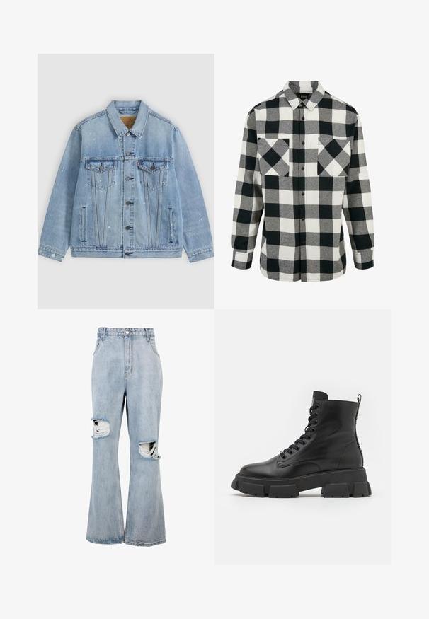 Hellblaue Jeansjacke mit Knopfleiste vorne, zwei Brusttaschen mit Klappen, Seitentaschen und kleinen weißen Farbspritzdetails.; Schwarz-weiße Flanellhemd mit großem Karomuster, langen Ärmeln, Knopfleiste und zwei Brusttaschen. Aus weichem Stoff gefertigt.; Hellblaue Jeans aus Denim mit hoher Taille, weitem Bein und auffälligen, stark ausgefransten Löchern auf beiden Knien, mit ausgefransten Rändern um die Risse.; Schwarze Leder-Stiefeletten mit dicken Gummisohlen, runder Zehenpartie und Schnürung auf der Vorderseite. Mit Ziehlasche und strukturiertem Detail an den Seiten.
