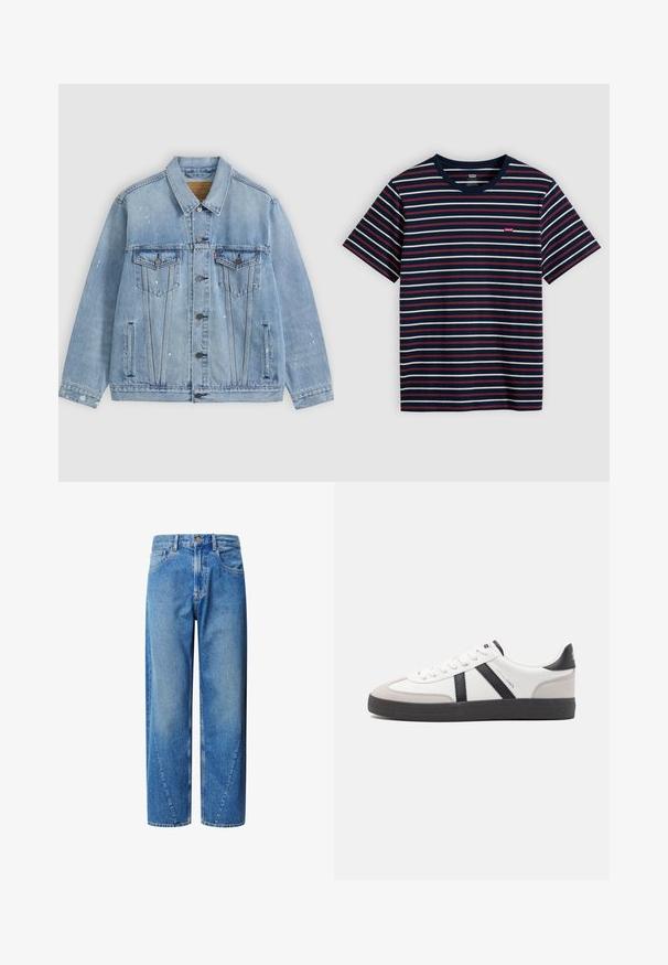 Hellblaue Jeansjacke mit Knopfleiste vorne, zwei Brusttaschen mit Klappen, Seitentaschen und kleinen weißen Farbspritzdetails.; Marineblaue T-Shirts mit weißen und roten horizontalen Streifen und einem kleinen roten Levi's-Logo auf der Brust.; Helle blaue Denim-Jeans mit hoher Taille, weitem Beinschnitt und schrägen Echsenähten. Verfügt über fünf Taschen und einen Knopfverschluss.; Weiße Sneaker mit schwarz- und grau-aczenten, ausgestattet mit einer strukturierten grauen Zehenkappe, schwarzer Gummi-Sohle und flachen weißen Schnürsenkeln. Sauberes Design, minimalistische Stil.