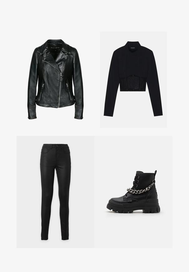 Zwarte bikerjack van nepleer met asymmetrische ritssluiting aan de voorkant, ritszakken aan de zijkant, brede revers en zilverkleurige hardware.; Zwarte lange mouwen crop top met een hoge hals, een doorschijnend meshpaneel op de taille en gestructureerde naden voor een aansluitend ontwerp.; Zwarte high waist skinny jeans met voor- en achterzakken, riemlussen en een knoopsluiting op een effen achtergrond.; Zwarte enkelboots van gestructureerd leer, met een chunky zool, een opvallende kettingdetail aan de zijkant, en ronde veters.