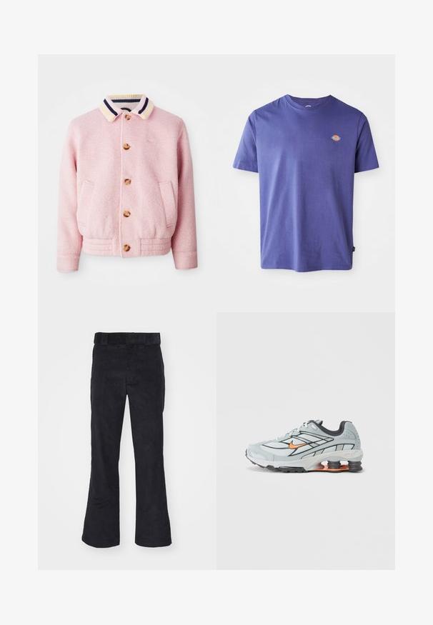 Chaqueta rosa con tejido texturizado, cierre frontal de botones y cuello acanalado con rayas en amarillo, púrpura y azul. Se observan dos bolsillos laterales.; Camiseta de algodón morada con cuello redondo y mangas cortas. Presenta un pequeño logo en el pecho. Textura suave, ajuste casual.; Pantalones de pana negros con un corte relajado, que presentan una cinturilla clásica y piernas acampanadas, textura suave y sin patrones o acentos visibles.; Zapatilla de correr gris claro con detalles en negro, logo naranja, parte superior de malla, collar acolchado y suela de goma con unidades visibles de absorción de impactos.