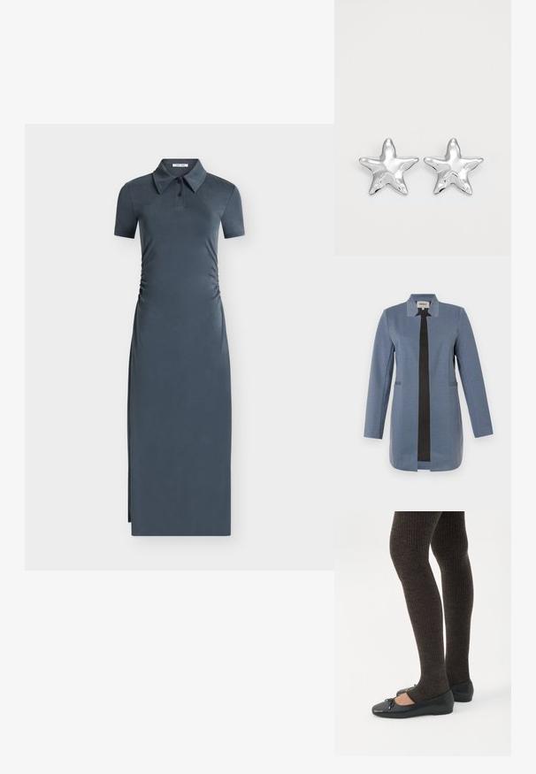 Blazer bleu avec bordure noire, manches longues, coupe droite, deux poches avant, et design sans col. Tissu doux et texturé.; Robe polo midi gris foncé à manches courtes avec col boutonné et côtés froncés sur un fond clair uni.; Jambes portant des leggings côtelés foncés associés à des ballerines noires avec de petits détails en nœud sur fond blanc.; Boucles d'oreilles argentées en forme d'étoile, avec une surface lisse et brillante. Chaque boucle d'oreille possède cinq pointes et des détails subtils de texture de surface.