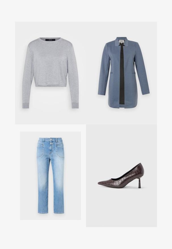 Blazer azul con ribetes negros, mangas largas, corte recto, dos bolsillos delanteros y diseño sin cuello. Tejido suave y texturizado.; Suéter corto gris claro con cuello redondo, mangas largas, puños acanalados y un acabado suave y texturizado.; Vaqueros de pierna recta en azul claro con botón y cremallera delanteros, dos bolsillos frontales inclinados y trabillas en la cintura.; Tacones puntiagudos de cuero sintético marrón con textura de cocodrilo, con un tacón delgado y angular y un forro interior suave.