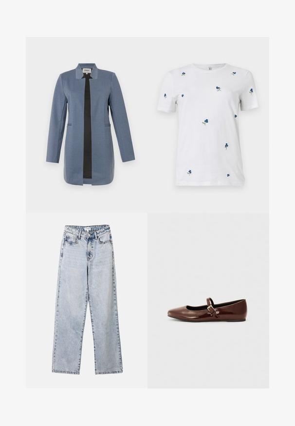 Blauwe blazer met zwarte bies, lange mouwen, rechte snit, twee voorzakken en een kraagloos ontwerp. Zachte, gestructureerde stof.; Wit T-shirt met korte mouwen met kleine, verspreide blauwe bloemembroiderie en groene stelen, ronde hals, effen achtergrond.; Lichtblauwe straight-leg jeans van denim, met twee voorkruimelzakken, een knoopsluiting en contrasterende stiksels langs de naden.; Bruine gepatineerde leren balletschoen met een vierkante neus en een bandje met een kleine gouden gesp. Gladde textuur, lage hak en minimalistisch ontwerp.