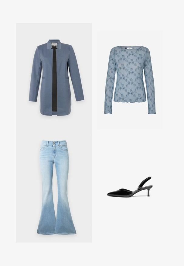 Blå blazer med sort kant, lange ærmer, lige snit, to forlommer og design uden krave. Blødt, tekstureret stof.; Blå gennemsigtig bluse med lange ærmer, dekoreret med blomsterbroderi i mørkere blå. Flosset kant og manchetter, rund halsudskæring uden synlige lukninger.; Lyseblå flagrende jeans lavet af denim. Har høj talje med to knapper og let blegning mod kanten. Klassisk fem-lomme design.; Sorte patentlæder slingback hæle med spids tå, lav stiletto hæl og et elegant, enkelt design uden pynt.