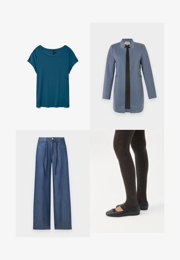 Blazer bleu avec bordure noire, manches longues, coupe droite, deux poches avant, et design sans col. Tissu doux et texturé.; T-shirt teal à manches courtes avec un col rond, fabriqué en tissu doux, offrant une coupe décontractée et une texture lisse.; Jean denim bleu taille haute, jambes larges, poches avant, passants de ceinture, fermeture par boutons et longues attaches en tissu pour la ceinture.; Jambes portant des leggings côtelés foncés associés à des ballerines noires avec de petits détails en nœud sur fond blanc.