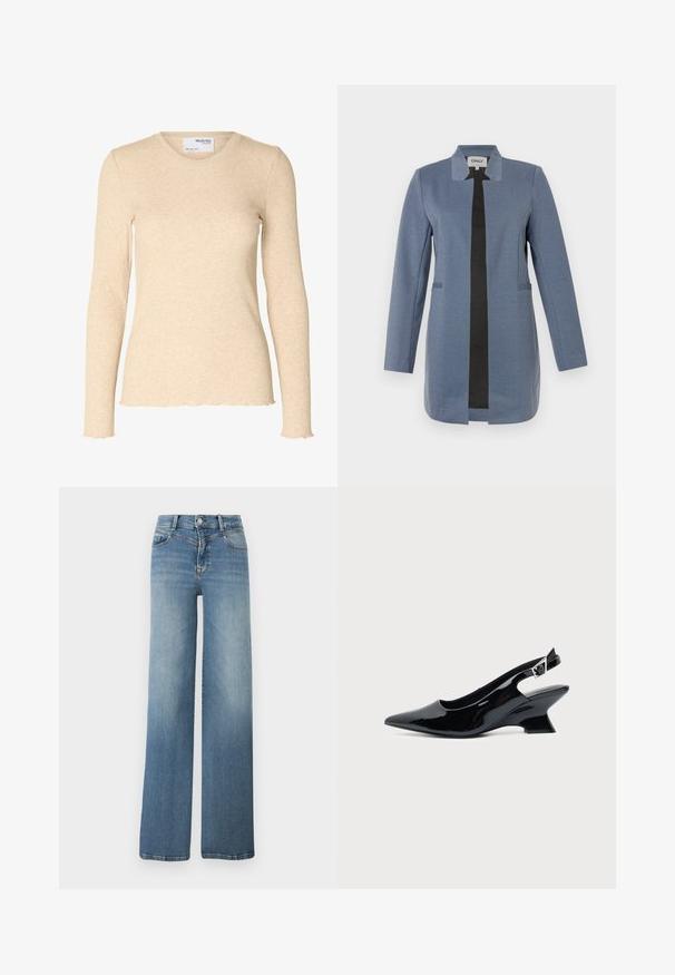 Blauwe blazer met zwarte bies, lange mouwen, rechte snit, twee voorzakken en een kraagloos ontwerp. Zachte, gestructureerde stof.; Beige geribbelde gebreide top met lange mouwen, ronde halslijn en subtiele golvende randen aan manchetten en zoom.; Lichtblauwe wijde spijkerbroek met steekzakken aan de voorkant, knoopsluiting en een vervaagde textuur van taille tot zoom.; Zwarte lakleren slingback schoen met spitse neus en lage schuine blokhak op een effen lichte achtergrond.