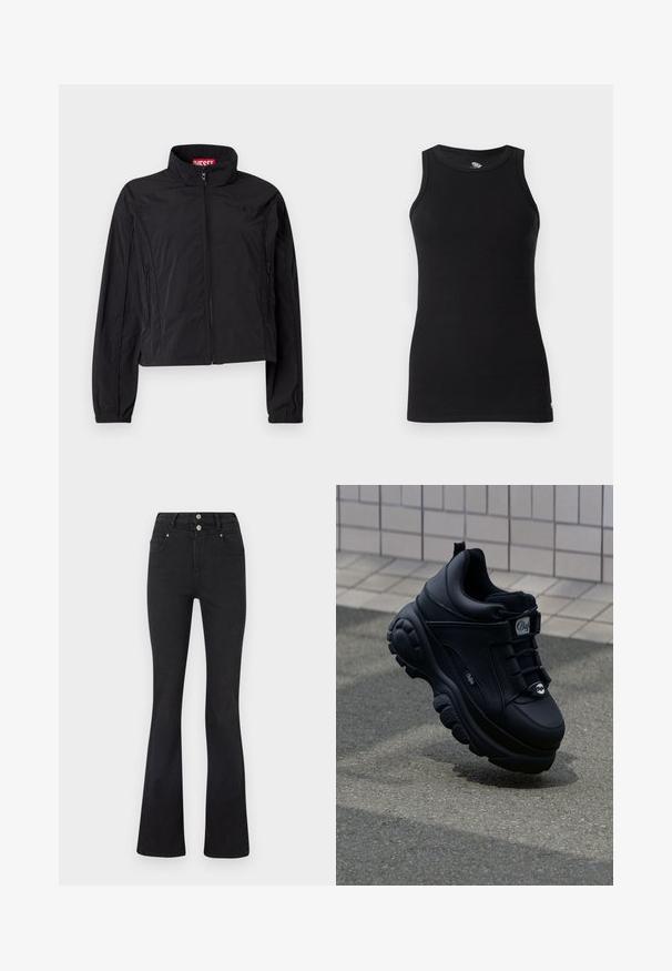 Veste courte noire en matériau léger avec un col montant, une fermeture à glissière frontale et deux poches latérales. Comprend un détail logo.; Replay Débardeur - black; Jean noir taille haute avec des jambes évasées, poches avant, passants de ceinture et deux boutons argentés à la taille.; Baskets noires épaisses avec une finition en cuir lisse, des lacets à l'avant, une semelle rembourrée et un logo en relief sur le côté. Semelle extérieure texturée visible.