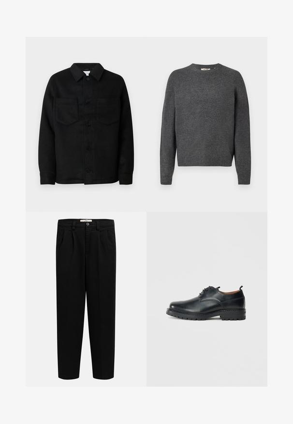Sort knapjakke lavet af en uldblanding. Har krave, to brystlommer og en lige kant. Glat tekstur, klassisk design.; Mørkegrå sweater lavet af blødt strikkemateriale, med rund hals, lange ærmer og ribkant ved bund og ærmer. Enkel design, uden mønstre.; Sorte højtaljede bukser med lige ben, bæltestropper, for-plitter, sidelommer og knaplukning i taljen.; Sorte læder derby-sko med en glat overflade, rund tå, snøre-design og en tyk, robust gummisål.