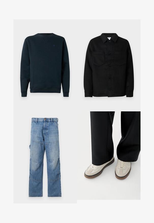 Schwarze Jacke mit Knopfleiste aus Wollmischung. Verfügt über einen Kragen, zwei Brusttaschen und einen geraden Saum. Glatte Textur, klassisches Design.; Marineblauer Rundhals-Pullover aus weichem Stoff, mit gerippten Bündchen und Saum, versehen mit einem kleinen Logo auf der Brust. Schlichtes, minimalistisches Design.; Hellblaue Jeanshose mit weitem Bein, ausgebleichten Bereichen und aufgenähten Nähten. Mit einem Knopf- und Reißverschluss vorne sowie seitlichen Taschen.; Füße mit beigen Sneakers mit braunen Sohlen und schwarzen Hosen mit weitem Bein auf weißem Hintergrund.